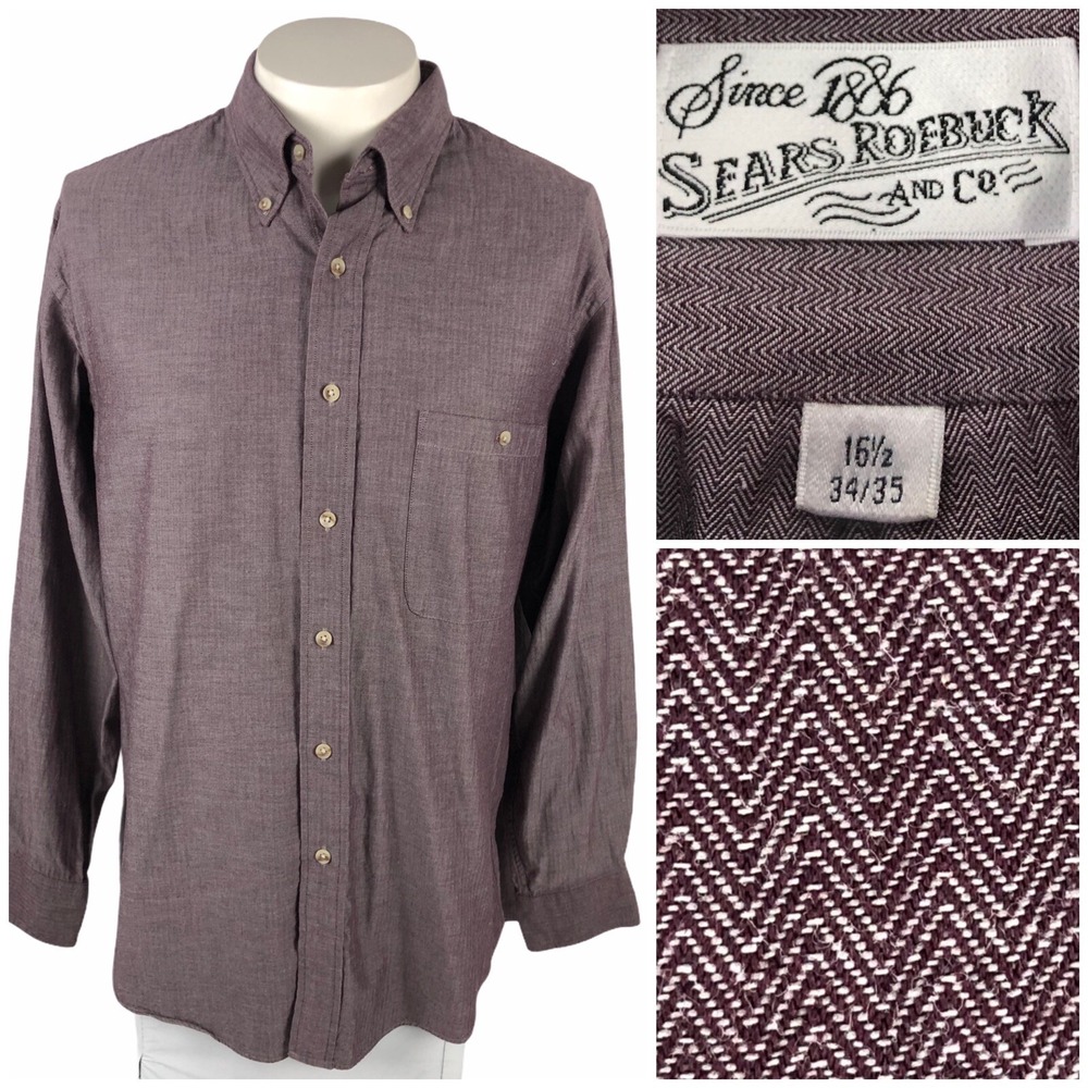 Sears Roebuck Mens 16 1/2 - 34/35 Shirt Herringbone Single Needle Vintage EUC